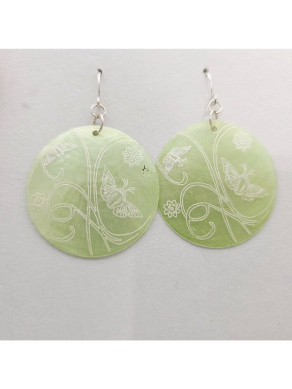 Round Green Shell Earrings With Butterfly & Floral Engraving Design 2.5" - Picture 2 of 6